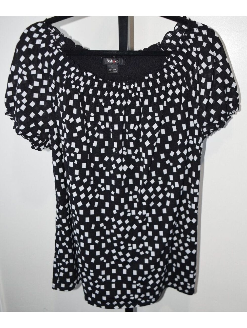 Style&Co Black White Geometric Confetti Print Peasant Top Womens XL Puff Sleeve